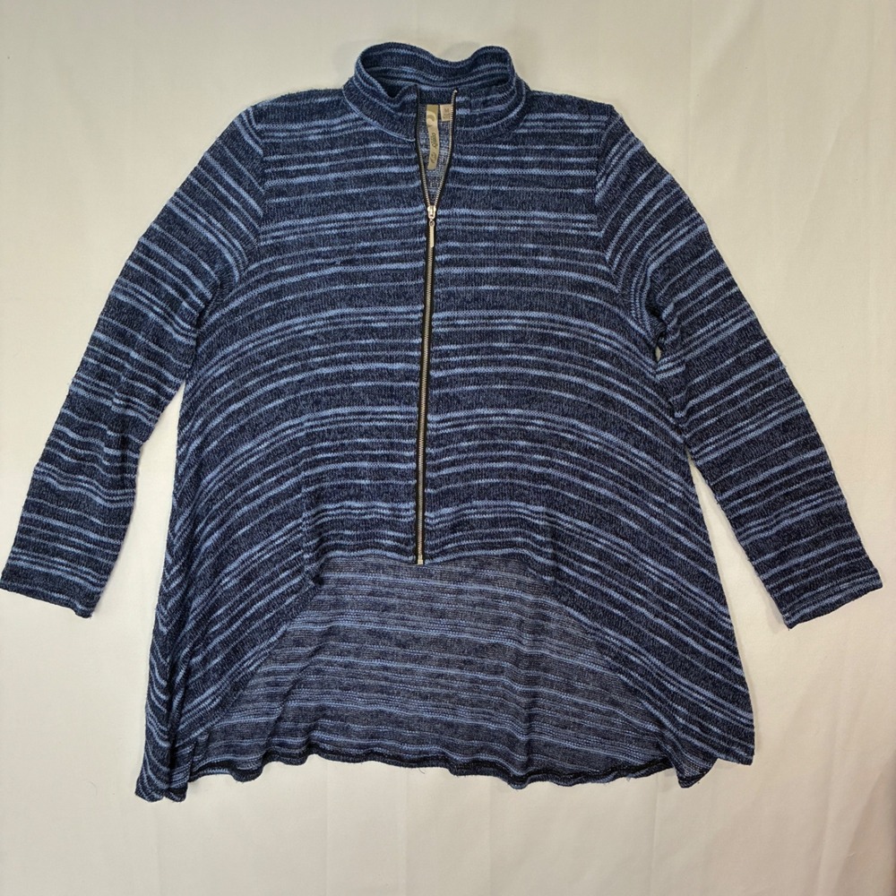 Comfy USA Sheer Cardigan Womens Medium Blue Striped Zip Up High Low Boho Coastal - Picture 2 of 10